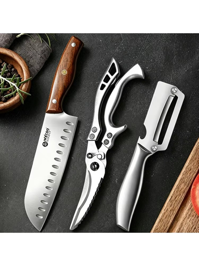 WXCOO Japanisches Santoku-Messer aus Edelstahl in Silber mit Holzgriff für Fleisch und Gemüse - Bild 5