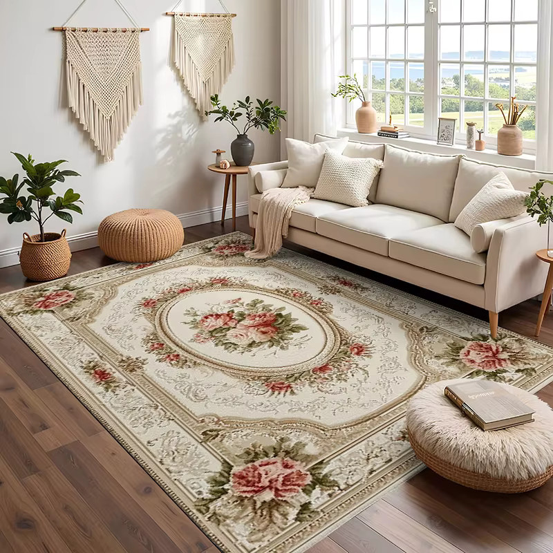 RAKKS Europa Licht Luxus Vintage Teppich mit floralem Blumenmuster als moderne Anti-skid Matte für dein Wohnzimmer oder Schlafzimmer - Bild 2