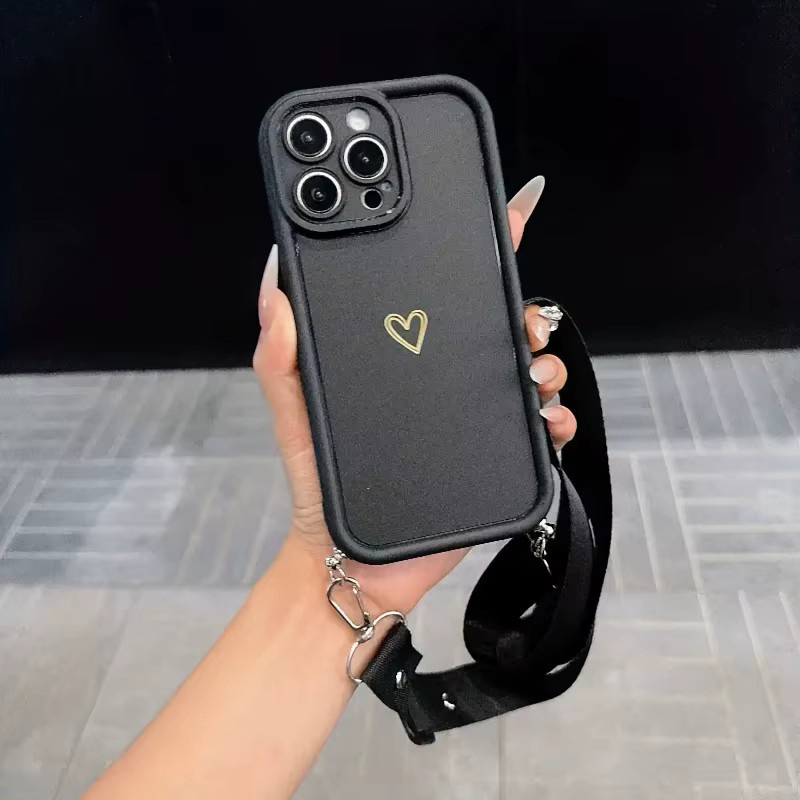 Goldene Handyhülle mit Herz-Design für Apple iPhone 16, 15, 14, 13, 12, 11 Pro Max, Air, X, XR, XS inklusive verstellbarem Hängeseil - Bild 3