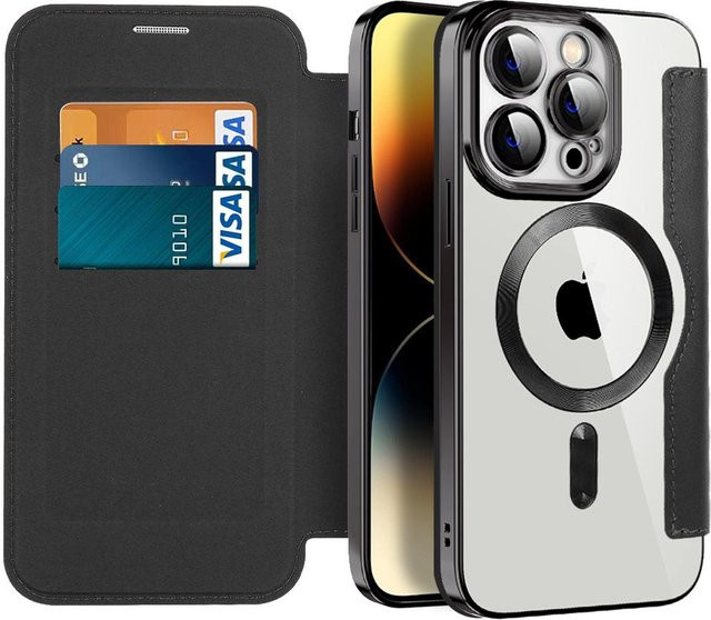 VA VA VOOM MagSafe Leder Flip Wallet Case für iPhone 14 13 12 11 Pro Max Plus mit transparenter Abdeckung in Schwarz - Bild 1