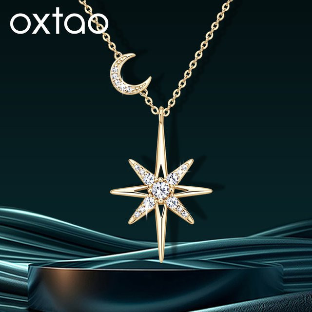 OXTAO Halskette, Stern-Mond-Anhänger, Moissanit, 14 Karat Gold gefüllt, Diamant - Bild 1