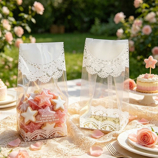 50 Stück weiße Spitzen-Kekstüten aus Kunststoff für Cupcakes und Süßigkeiten zur Dekoration von Hochzeiten und Geburtstagen - Bild 1