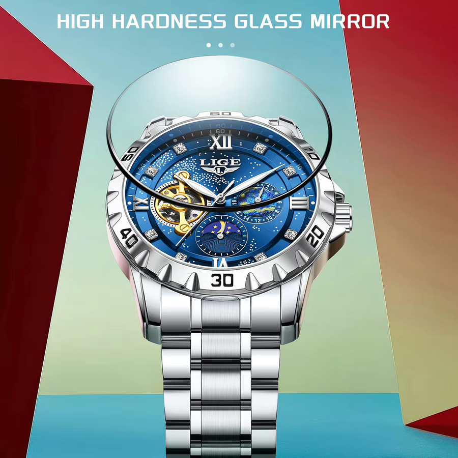 LIGE Armbanduhr Automatik, Edelstahl, Blau, Herren - Bild 3