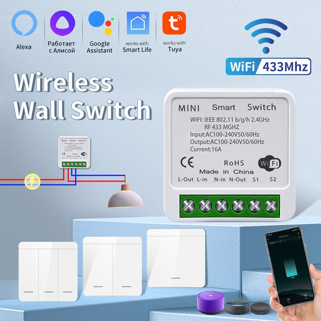 Tuya Smart RF433 MHz Wandpanel Schalter mit WiFi Empfänger, 1/2/3 Gang Wireless Schalter in Weiß, kompatibel mit Alexa und Google Assistent zur Sprachsteuerung - Bild 1