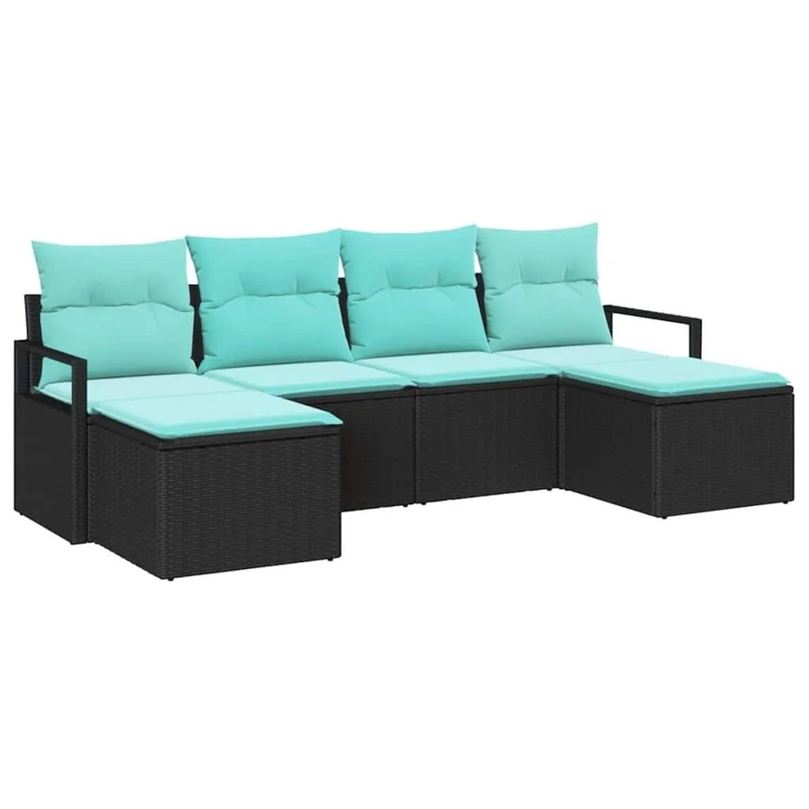 vidaXL 6-teiliges Lounge-Sofa Set aus Polyrattan in Schwarz mit türkisfarbenen Polstern für Garten und Terrasse - Bild 2