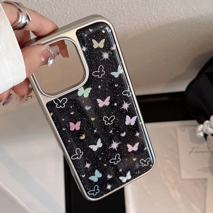 MUQGEW Schmetterlings Handyhülle mit Glitzer und silberner Randbeschichtung für iPhone 12 bis iPhone 17 Pro Max, stoßfeste Hartschale, Multicolor/Silber - Bild 4