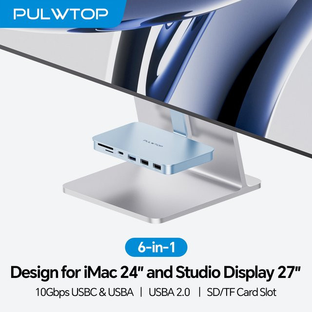 PULWTOP USB-C-Hub für iMac 24 Zoll und Studio Display mit USB-A, USB-C 10Gbps sowie SD/TF-Kartenslot in Blau - Bild 1
