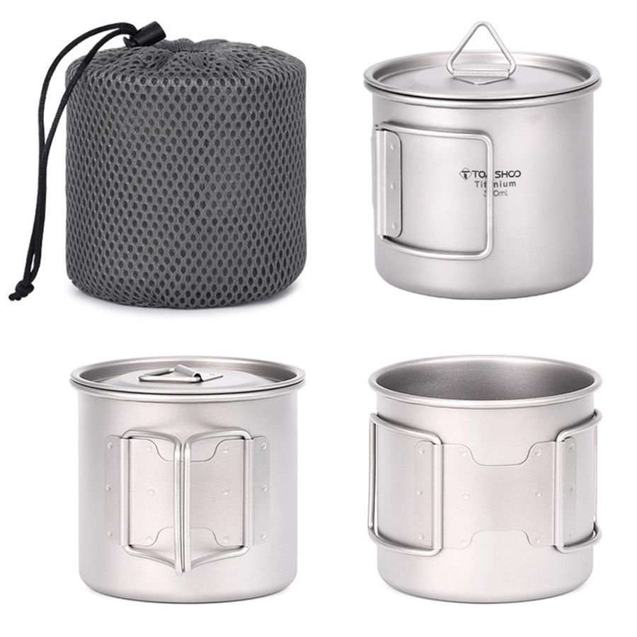 TOMSHOO Ultraleichter Titanbecher Set für den Außenbereich, 2-teilig, Silber, 350 ml und 750 ml mit faltbarem Griff - Bild 4