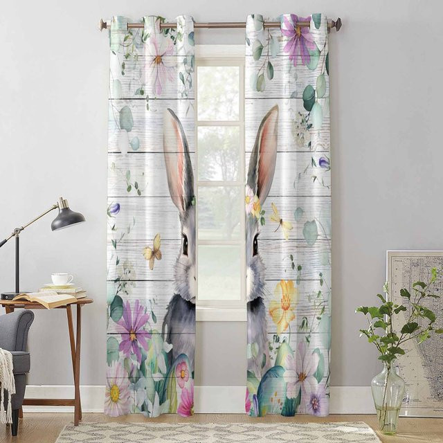 Super Six Vorhang mit Frühlingsblumen und Hasen-Motiv in Grau, semi-transparent, Breite: 135 cm, Höhe: 60 cm - Bild 1