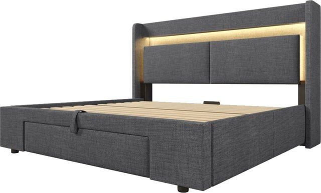 okwish Polsterbett Grau mit hydraulischem Stauraum, USB-Ladeport und Unterbettbeleuchtung, B/T/H: 140 x 200 x 151 cm - Bild 1