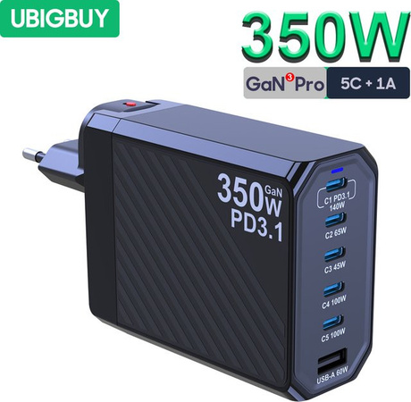 UBIGBUY 350 W GaN Schnellladegerät mit 140 W PD3.1 und QC PPS USB-Ladestation in Schwarz für MacBook Pro, iPhone, Samsung, Laptop und Tablet