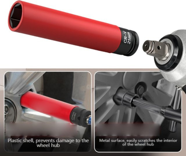 DAZZLEEX Stoßfester Radmutter-Steckschlüssel mit Radschutz, 1/2-Zoll-Antrieb, extra lang, 17 mm, 19 mm, 21 mm, Länge: 150 mm - Bild 1