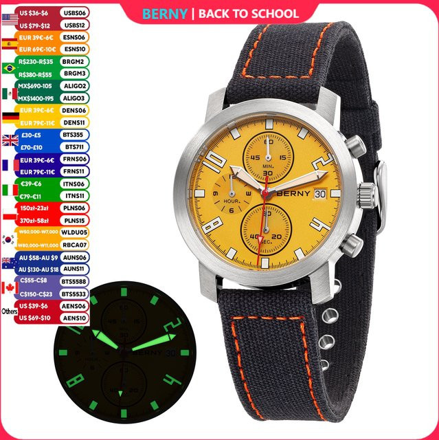 BERNY Chronograph, Edelstahl, Grün, Saphirglas, 5 ATM, Herren - Bild 1
