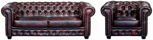 Vente-unique Couchgarnitur Brenton mit Sessel aus Leder in Bordeaux mit Chesterfield-Design und Punksteppung, Breite: 201 cm, Tiefe: 105 cm - Bild 1