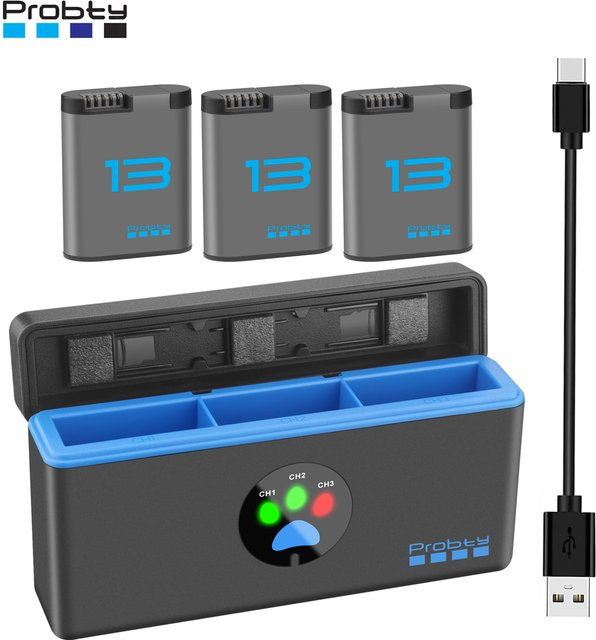 Probty Endurance 2280mAh Akku und 3-Slot-Ladegerät Set für GoPro Hero 13 Black in Schwarz - Bild 1