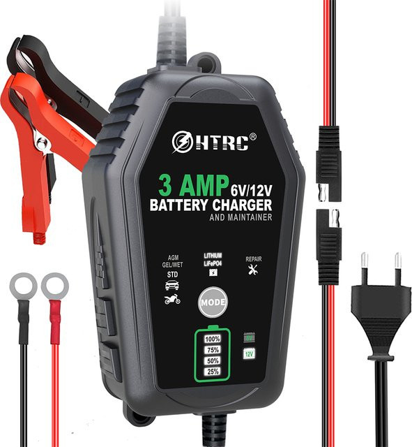 HTRC Intelligentes Batterieladegerät für 6V und 12V mit 3000mA, Automatisches Ladegerät für Lithium, LiFePO4, Blei-Säure, AGM und GEL Batterien, Schwarz - Bild 1