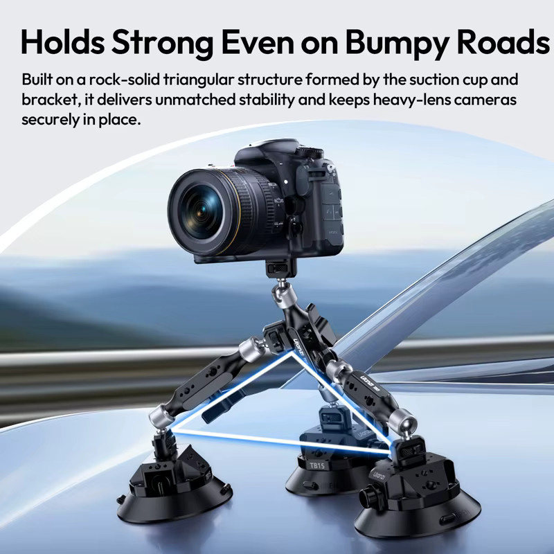 Ulanzi TB15 Kamera-Saugnapf-Autohalterung in Schwarz für GoPro, Insta360, DJI Action Kameras, Smartphones und DSLR mit 1/4 Zoll und 3/8 Zoll Gewinde sowie 360 Grad Verstellbarkeit - Bild 4