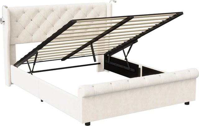 PXloue Doppelbett Polsterbett aus Samt in Beige mit USB-Ladeport und Stauraum durch Lift-up-Funktion, B/T/H: 160 x 200 x 109 cm - Bild 1