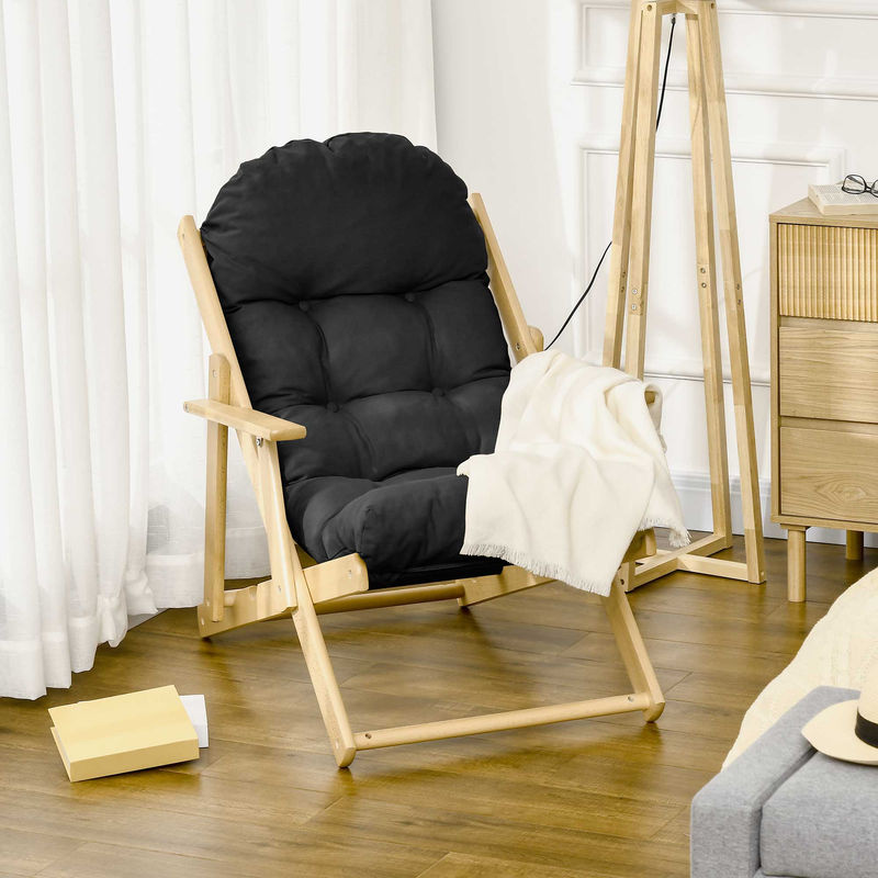 HOMCOM Klappbarer Relaxsessel aus Holz und Stoff in Schwarz mit gestepptem Kissen, B/T/H: 71 x 89 x 96 cm - Bild 2