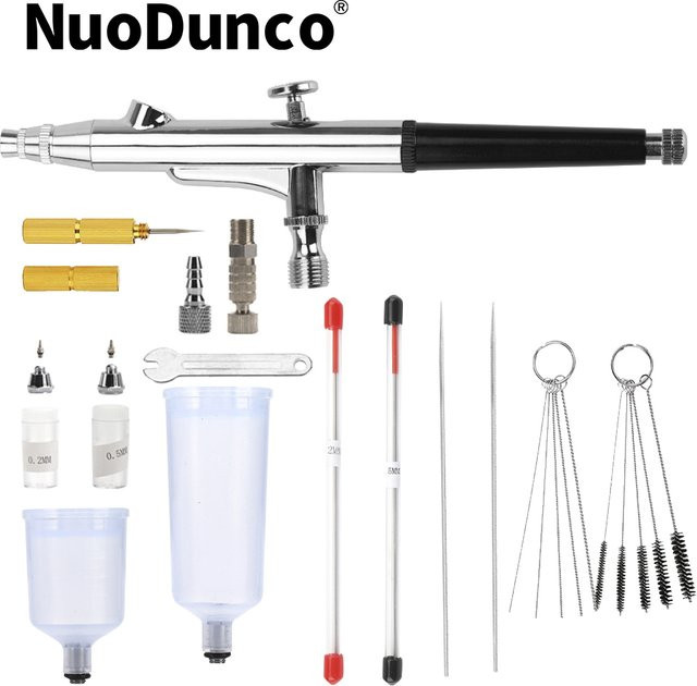 NuoDunco Airbrush Spritzpistole Double Action mit 0,2/0,3/0,5 mm Düsen für Modellbau, Malerei und Tortendekoration - Bild 1