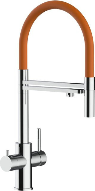 VIZIO Küchenarmatur aus Edelstahl mit 5-Wege-Wasserhahn, 360° schwenkbarem Auslauf und abnehmbarer 2-Strahl-Handbrause in Orange und Silber - Bild 1
