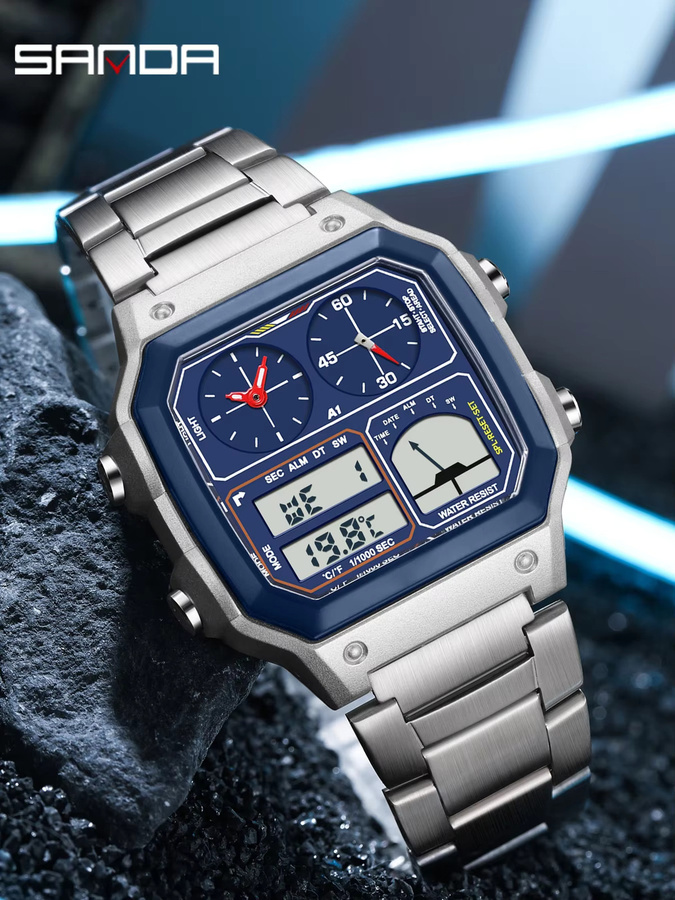 SANDA Digitaluhr, Edelstahlarmband, Herren, Blau, Schwarz - Bild 3