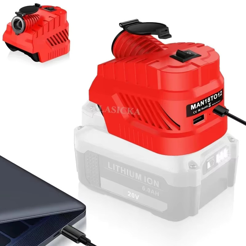 DC 12V Step-Down-Wechselrichter-Netzteil für Craftsman 20V Lithiumbatterien mit USB-A und Typ-C Anschlüssen sowie Zigarettenanzünder-Buchse in Rot - Bild 2