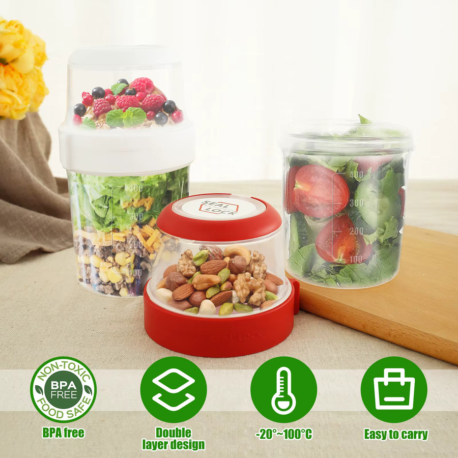 Willstar 2er-Pack Frühstücksbecher für unterwegs, doppellagige Joghurtbecher aus Kunststoff, auslaufsicher und wiederverwendbar, Farben: Rot und Weiß, B/T/H: 18,0 x 8,3 x 2,0 cm - Bild 5