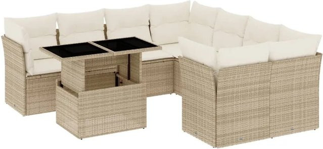 vidaXL 9-tlg. Garten-Sofagarnitur in L-Form aus Poly-Rattan mit Kissen in Beige und Cremeweiß - Bild 1