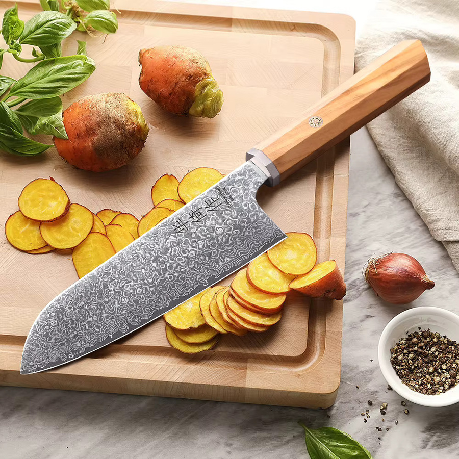 HUAYIGRAND Santoku-Messer aus 67-Lagen-Damaszenerstahl mit Olivenholzgriff, 7 Zoll, Braun - Bild 2