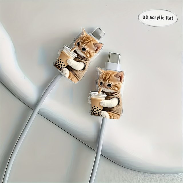 2er-Set Datenkabelschutz mit süßem Katzen-Design und Brille aus Acryl für USB-C und iPhone in Multicolour - Bild 1