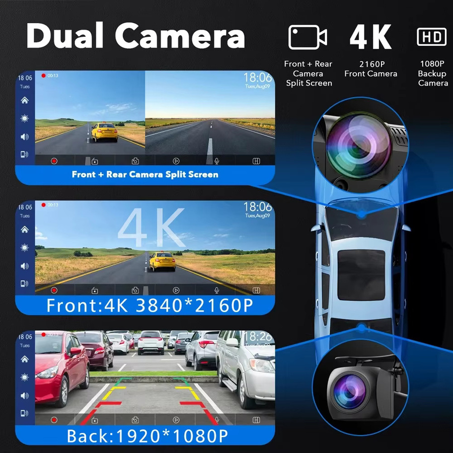 OMGO Dash Cam 4K UHD mit 10,26 Zoll Display, Android Auto und Apple CarPlay, Dual Objektiv, GPS, 5G WIFI, Bluetooth und FM Transmitter, Schwarz - Bild 3