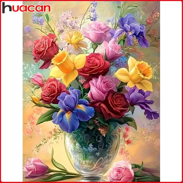 Huacan DIY-Diamantgemälde Blumenvase als rundes Diamant-Mosaik-Kunstbild in Mehrfarbig - Bild 1