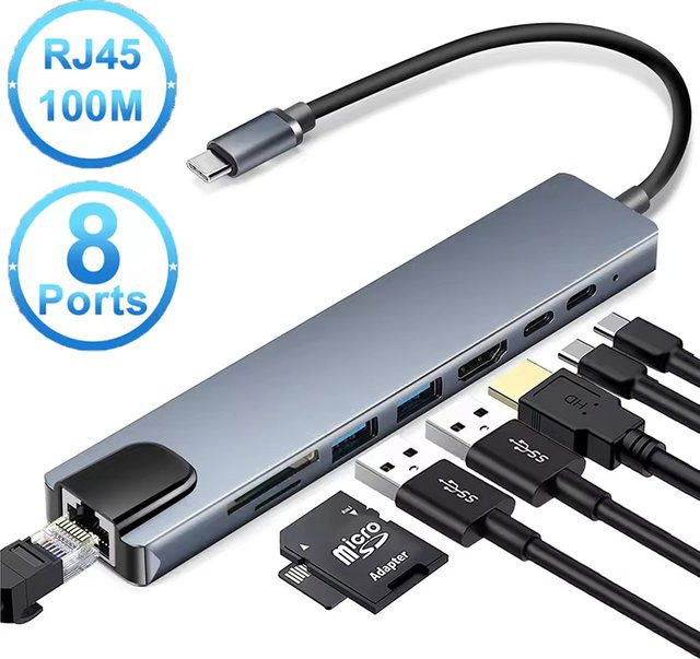 KOJESHUN 8 in 1 USB-C Hub Adapter mit 4K HDMI, RJ45 Ethernet, SD/TF Kartenleser und PD Schnellladefunktion für MacBook und Laptop - Bild 1