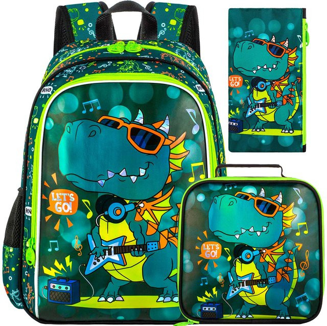 3-teiliges Dinosaurier Schulrucksack-Set für Jungen mit Lunchbox in Grün, 40,6 cm große Kinder-Büchertasche für Kindergarten und Grundschule - Bild 1