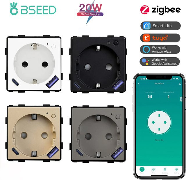 BSEED Zigbee Smart Steckdose mit Power Monitor und USB Typ-C 20W Schnellladefunktion, kompatibel mit Tuya Smart und Leben App, Alexa Steuerung - Bild 1