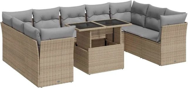 vidaXL 10-teilige Garten-Sofagarnitur in L-Form aus Poly-Rattan in Beige-Grau mit Kissen und Stauraum - Bild 1