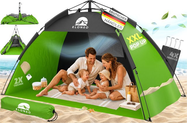 ELONEO Pop Up Strandmuschel mit UV-Schutz UPF 80+, Grün, B/T/H: 220 x 150 x 130 cm - Bild 1