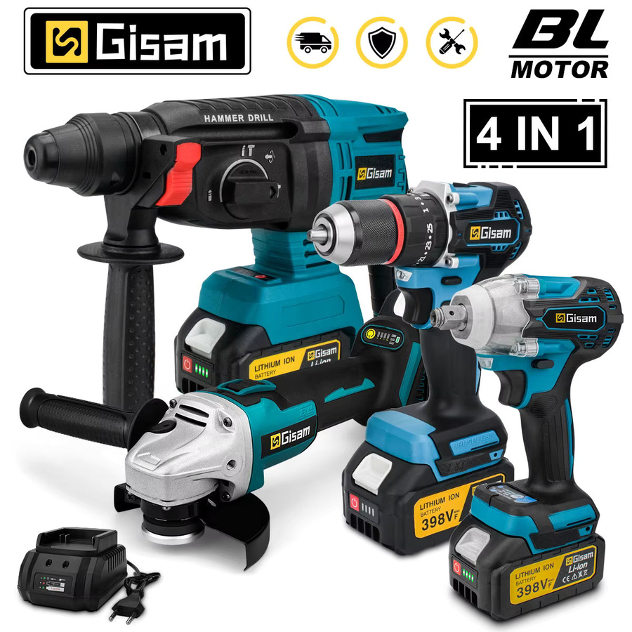 Gisam 4-teiliges bürstenloses Werkzeugset in Blau mit elektrischer Bohrmaschine 13 mm, 2-in-1-Schlagschrauber, elektrischem Winkelschleifer 125 mm und elektrischem Bohrhammer - Bild 3