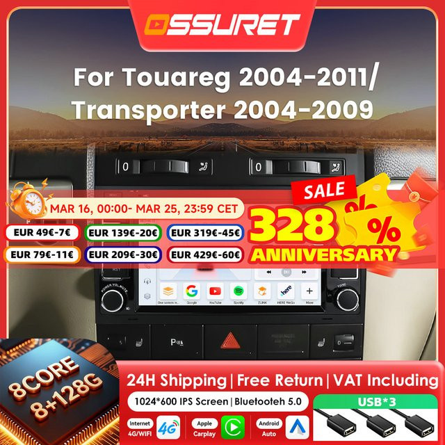 OSSURET 7 Zoll 2DIN Android Auto Autoradio für Volkswagen VW Touareg T5 Multivan Transporter 2004-2009 mit 4G Wifi und Carpay in Schwarz - Bild 1