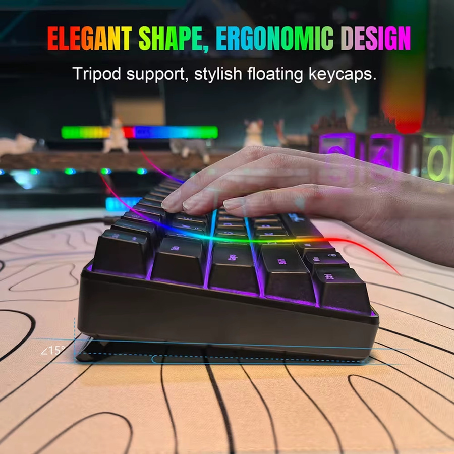 HXSJ 60 % Gaming-Tastatur in Schwarz mit RGB-Hintergrundbeleuchtung, ultrakompakt mit 68 Tasten, kabelgebunden und Anti-Ghosting für PC und Windows-Laptops - Bild 3