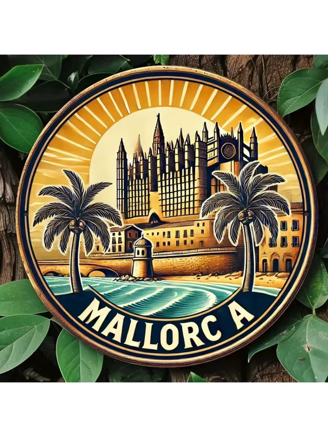 Runde Wanddekoration aus Aluminium von Potdemiel mit Mallorca-Strandszene, Palmen und Schloss-Design, Mehrfarbig, Durchmesser: 20,32 cm - Bild 5