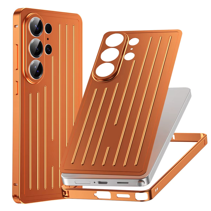 Stoßfeste Schutzhülle aus Aluminiumlegierung mit 3D-Wellenstreifen für Samsung Galaxy S26 Ultra Sle in Silber und Orange - Bild 2