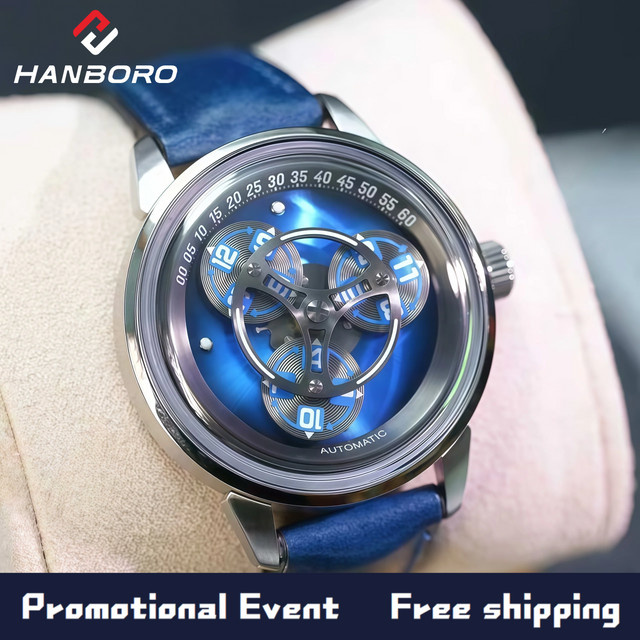 HANBORO Armbanduhr, Automatik, Edelstahl, Blau, Leder, Herren - Bild 1