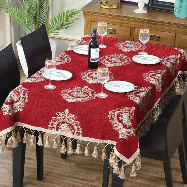 Rechteckige Spitzentischdecke von JMG Household Supplies mit roter Stickerei und Quasten aus Chenille, Farbe: Rot, B/T: 90 x 90 cm - Bild 1