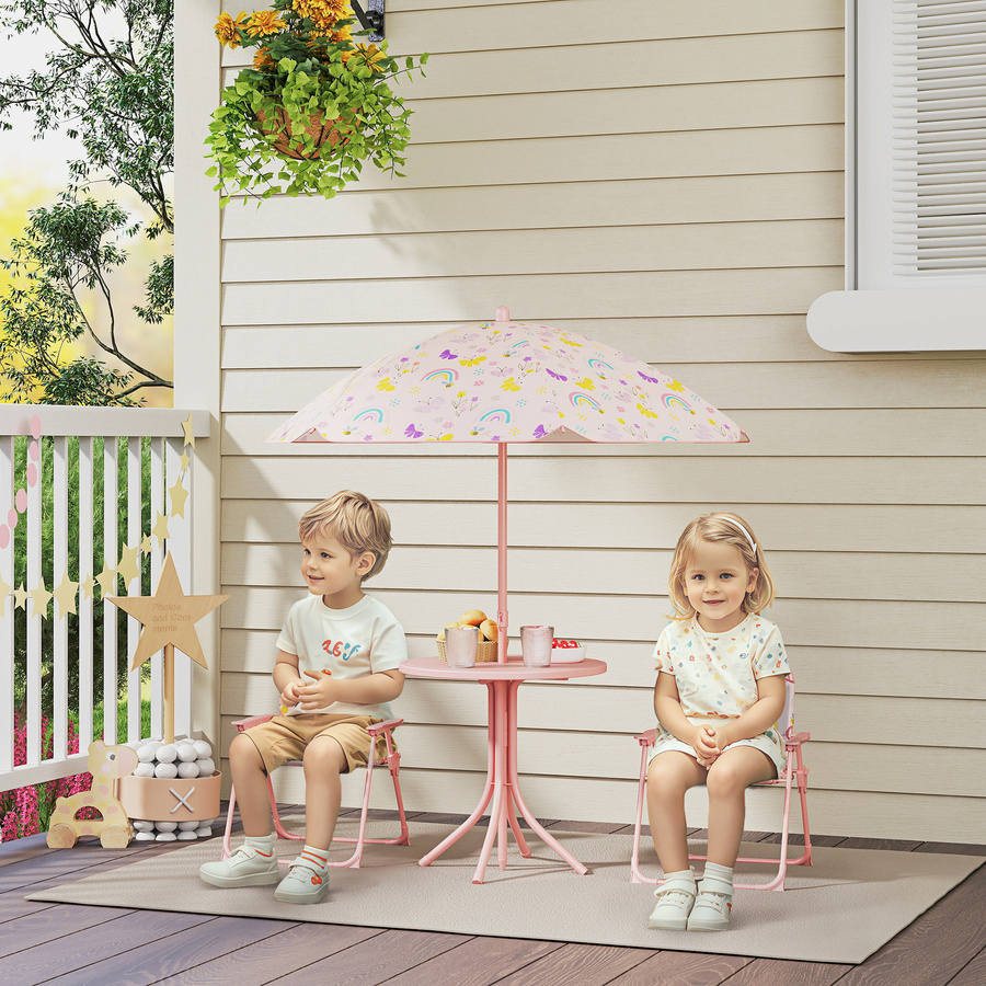 AIYAPLAY Kindersitzgruppe mit Sonnenschirm und 2 Klappstühlen, höhenverstellbare Kindersitzgarnitur für Garten und Strand, Farbe: Rosa - Bild 2