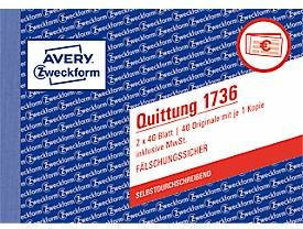 Avery Zweckform Quittungsblock 1736, A6 Querformat, 1 Block mit 2 x 40 Blatt, FSC-Papier, weiß/gelb - Bild 1
