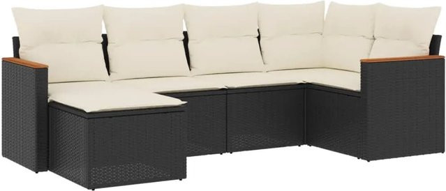 vidaXL 6-teilige Garten-Sofagarnitur in L-Form aus schwarzem Poly-Rattan mit Kissen und Akazienholz - Bild 1