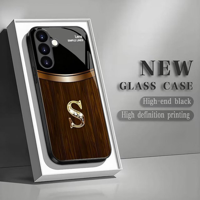 Samsung Galaxy Handyhülle aus schwarzem Glas mit Holzmaserung und Buchstabe S, sturzsicher für Galaxy S26, S25, S24, S23, S22, S21, FE, Ultra und Plus - Bild 1