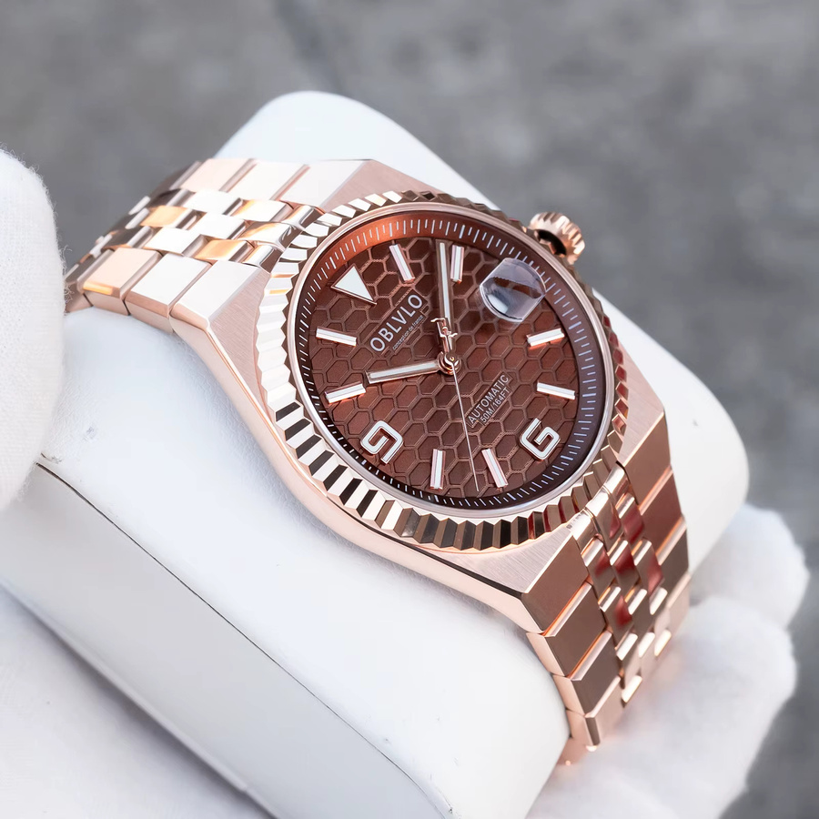 OBLVLO Armbanduhr Herren, Automatik, Roségold, braunes Zifferblatt, Edelstahl, Vintage - Bild 2